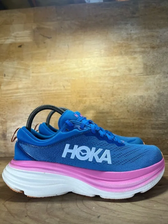 Hoka One One Bondi 8 REFLECTIVE Womens Size 7.5 Running Shoes Sneakers Blue Pink - Picture 1 of 13
